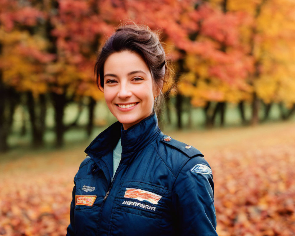 Smiling woman in blue jacket among autumn trees