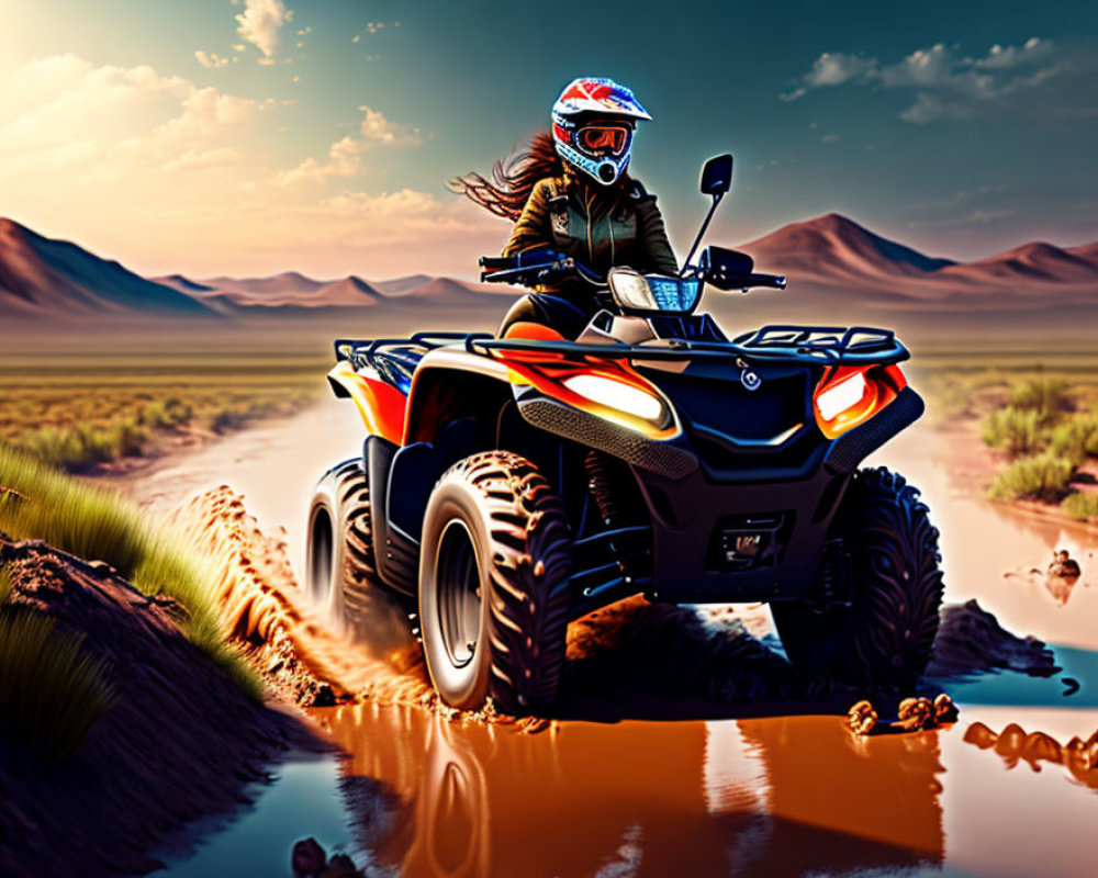 Person in protective gear riding ATV through muddy desert puddle with vivid sky.