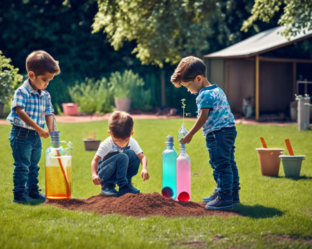 Three boys playing outdoors with oversized bottles in a garden setting