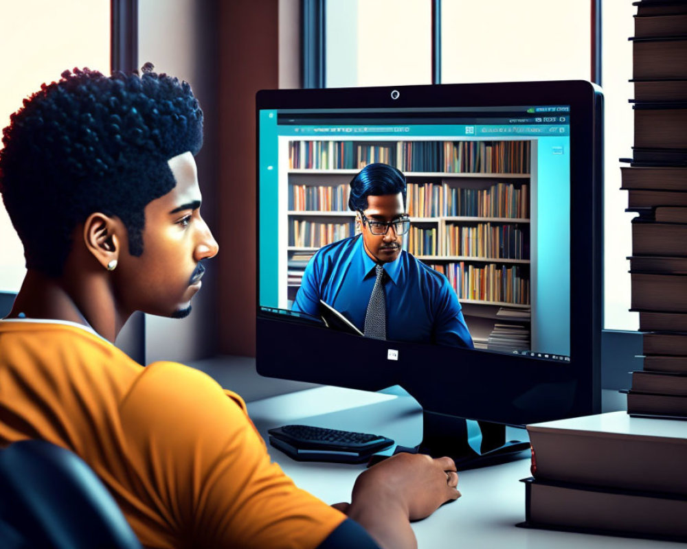 Man in yellow shirt watching online lecture on desktop screen with teacher in blue shirt.