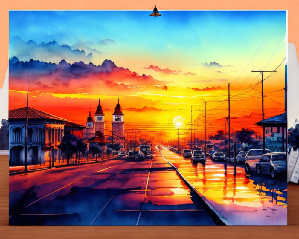 Colorful Watercolor Painting of Sunset Street Scene