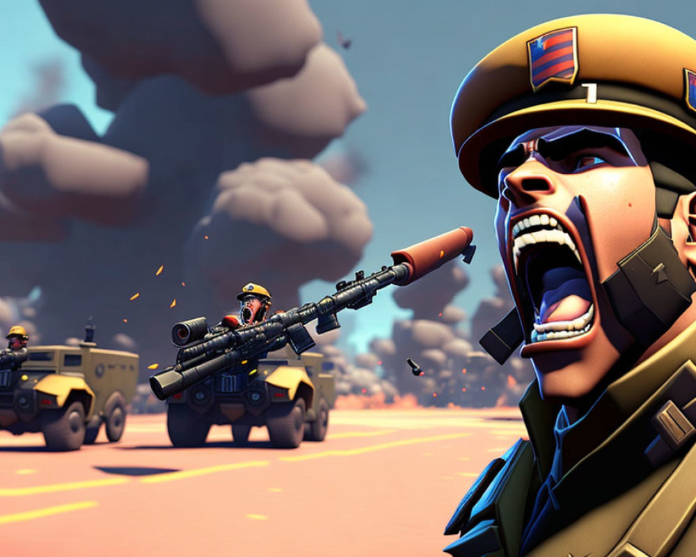 Fierce soldier with missile launcher amidst military chaos