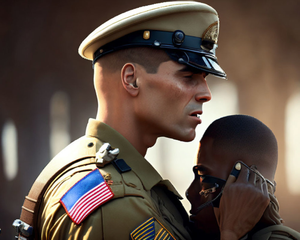 Military individuals in service cap, showcasing authority and camaraderie.
