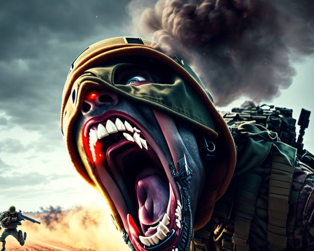 Surreal soldier with oversized screaming face in helmet and companions, smoke in background