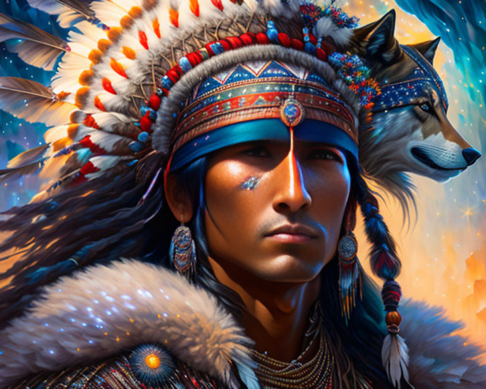 Native American man with headdress and wolf in digital art portrait