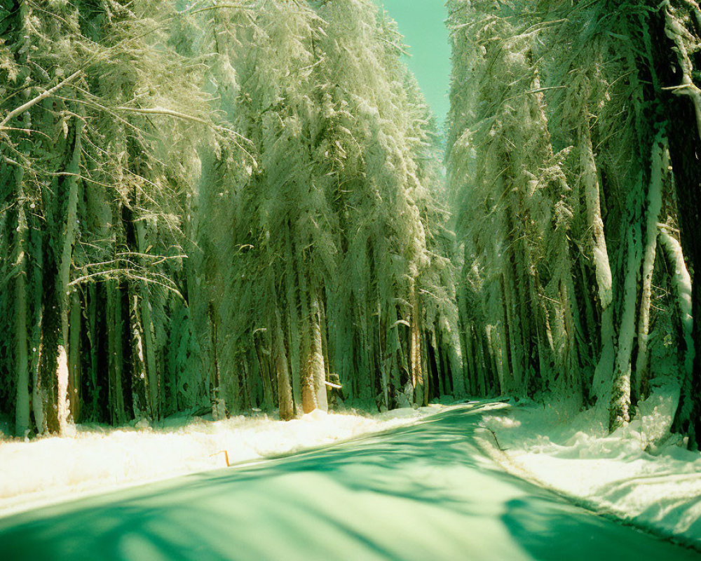Snow-covered road flanked by frosted evergreen trees in serene winter scene