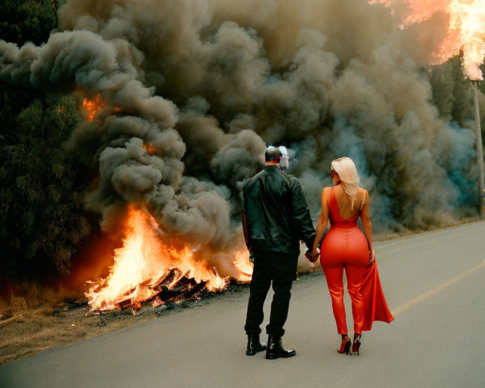Couple walking away from raging wildfire near road