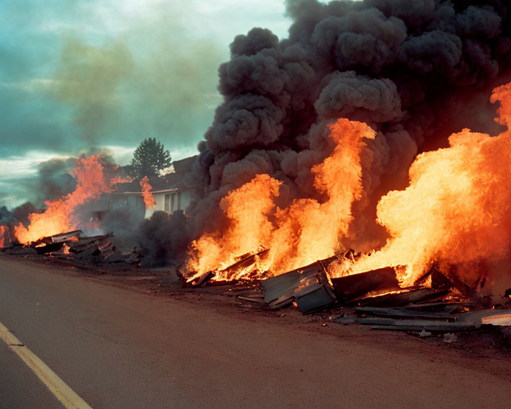 Intense flames engulf debris on road with billowing smoke