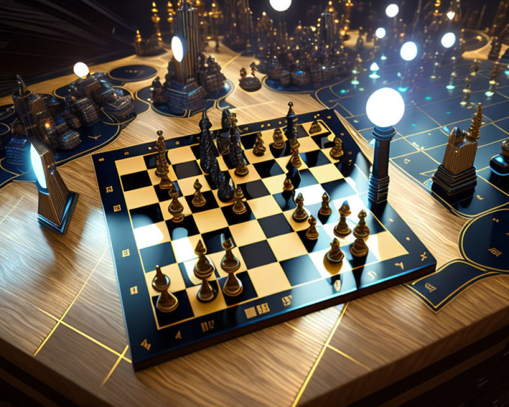 Futuristic illuminated chess set on digital board