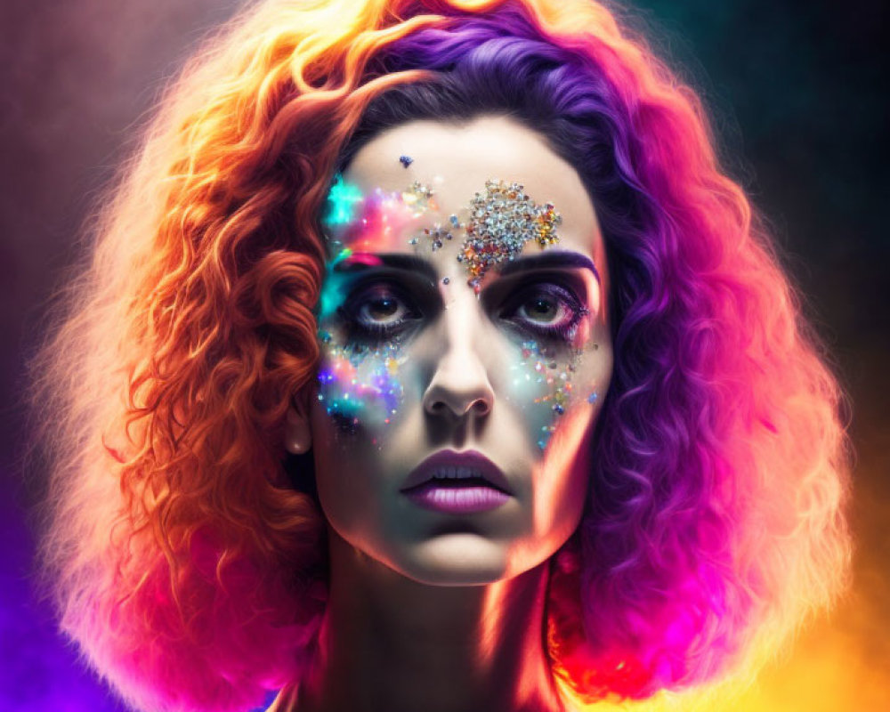 Colorful portrait of woman with curly hair in cosmic makeup against nebula background