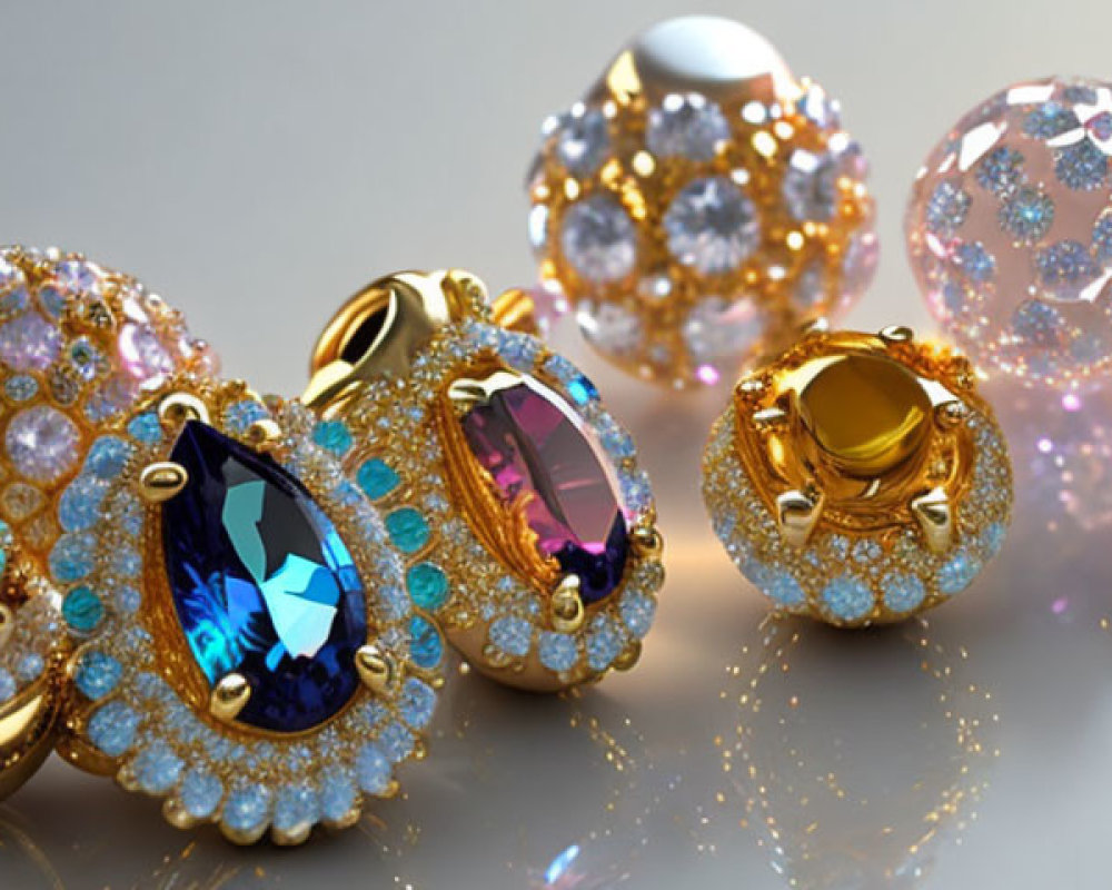 Luxurious golden rings with large gemstones and diamonds on reflective surface