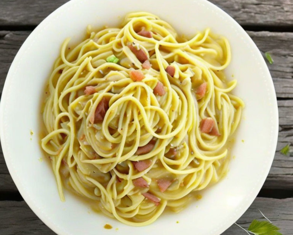 Spaghetti with Bacon and Herbs on Wooden Surface