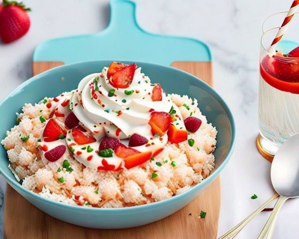 Strawberry dessert with whipped cream and drink on marble surface