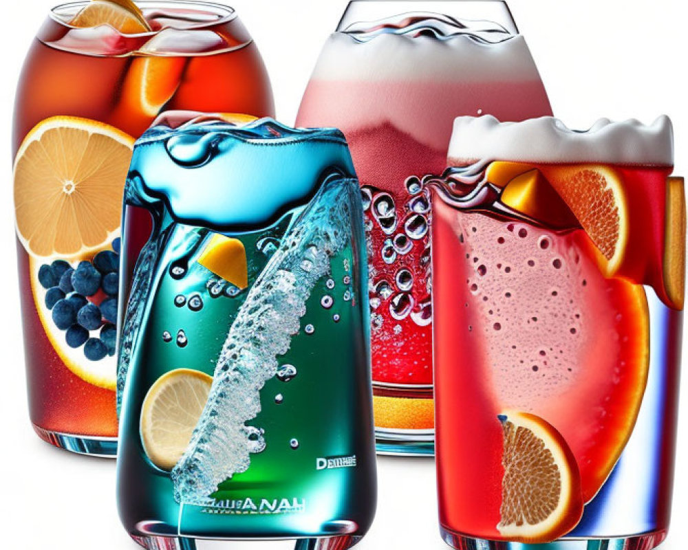 Colorful Flavored Drink Cans with Fruit Garnishes and Liquid Effects