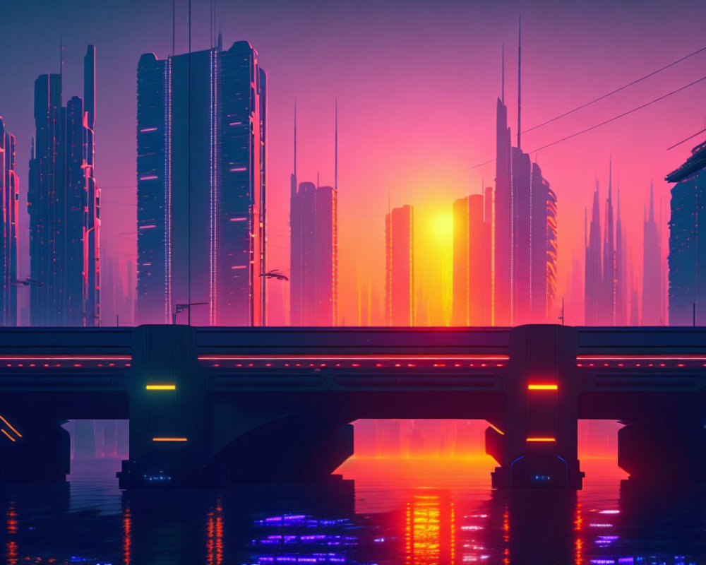 Futuristic sunset cityscape with neon lights, skyscrapers, and bridge