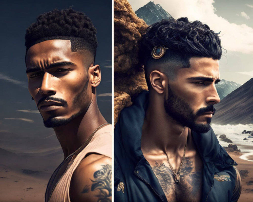 Stylized portraits of men with distinctive hair and beards against desert and mountain backdrops.