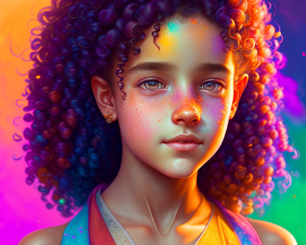 Colorful portrait of young girl with curly hair and green eyes on neon background.