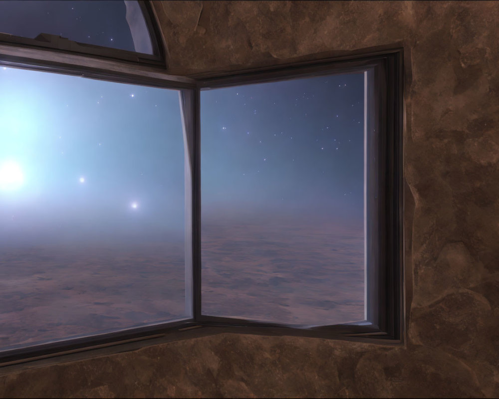 Space habitat window view of distant sun glare on barren alien landscape