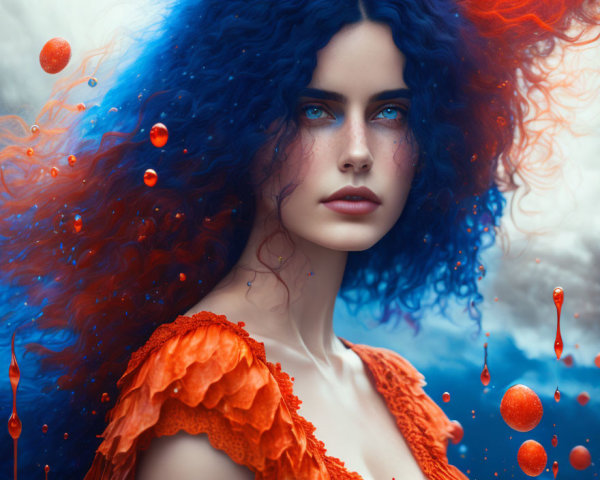 Blue-eyed woman with curly blue hair and red accents on cool-toned backdrop
