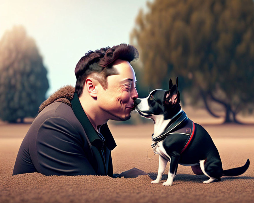 Animated man and Boston Terrier dog nose kiss in outdoor setting.