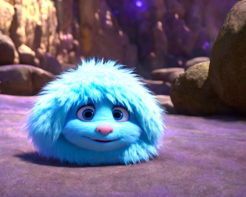 Fluffy Blue Animated Character with Large Eyes on Violet-Tinged Background