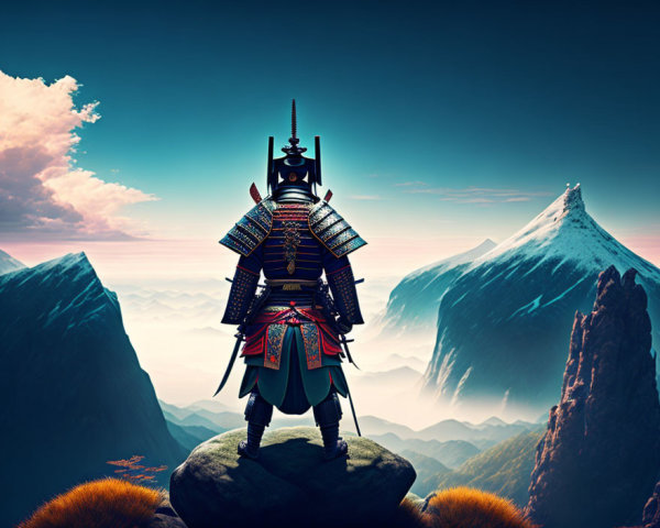 Traditional Samurai in Armor Overlooking Mountain Landscape
