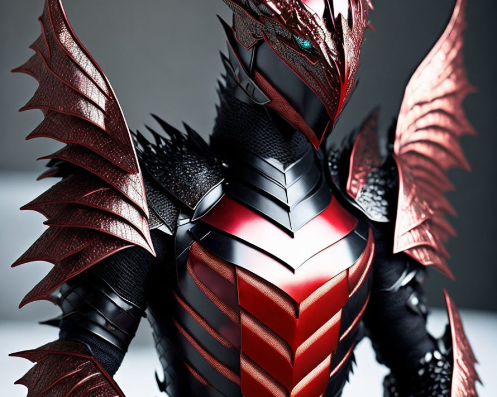 Detailed red and black armored costume with dragon-like design elements