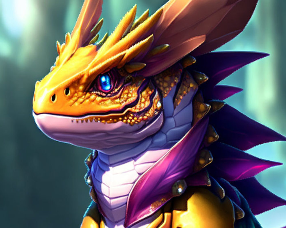 Stylized dragon in golden armor with blue eyes and purple accents in misty forest