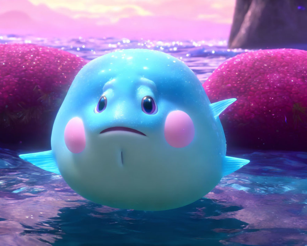 Blue Cartoon Creature in Whimsical Fantasy Setting with Water and Vegetation