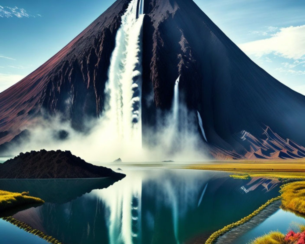 Volcano smoking over waterfall, lake, red foliage & green grass