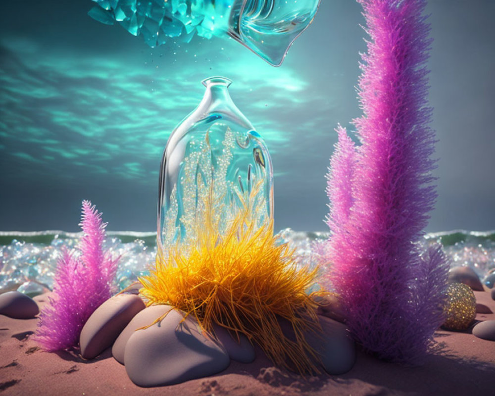 Surreal beachscape with glass bottle and coral under teal sky