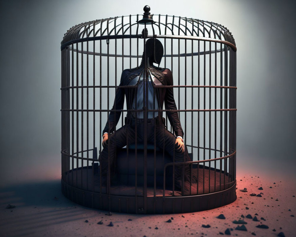 Person in Dark Attire Sitting in Cylindrical Birdcage on Debris-Covered Floor