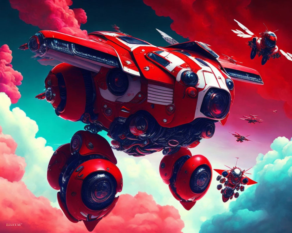 Futuristic spacecrafts in vibrant pink and red sky