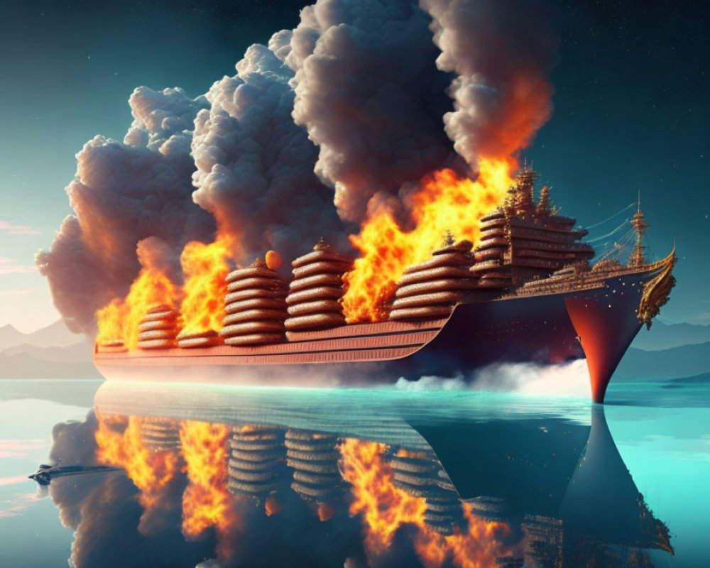 Fantastical ship with fiery explosions on serene waters at sunset
