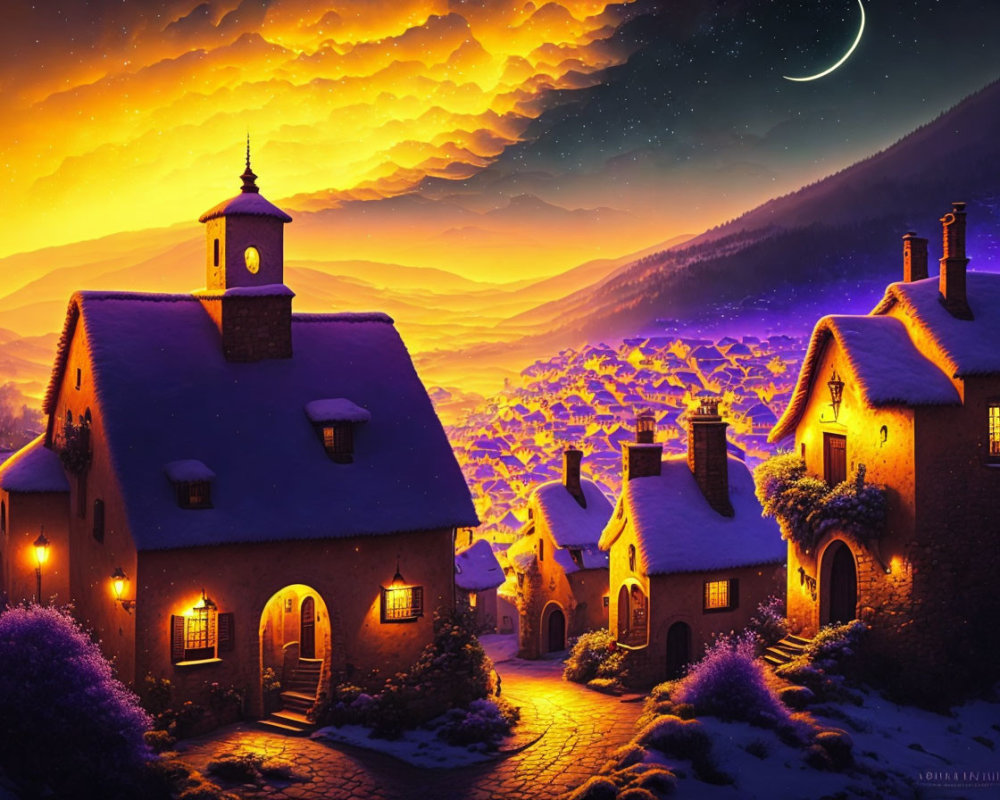 Tranquil night scene of fantasy village with glowing lights and purple flowers