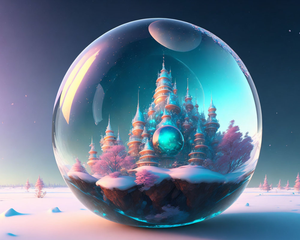 Fantasy crystal ball with castle, spires, snowy landscape, planets in twilight sky