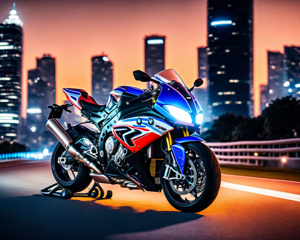 Sport motorcycle parked on city bridge at night with colorful lights and glowing skyline
