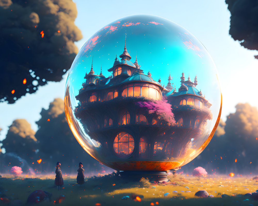 Ornate building in a bubble with mystical landscape and floating embers