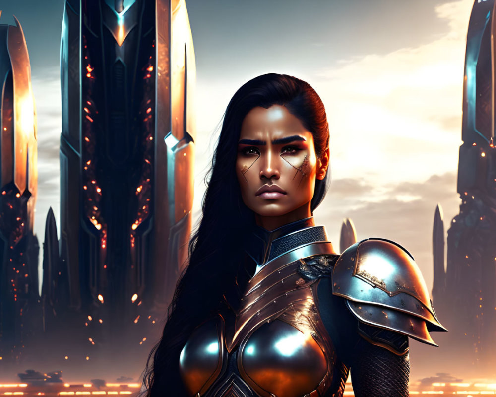 Warrior woman in intricate armor against futuristic cityscape