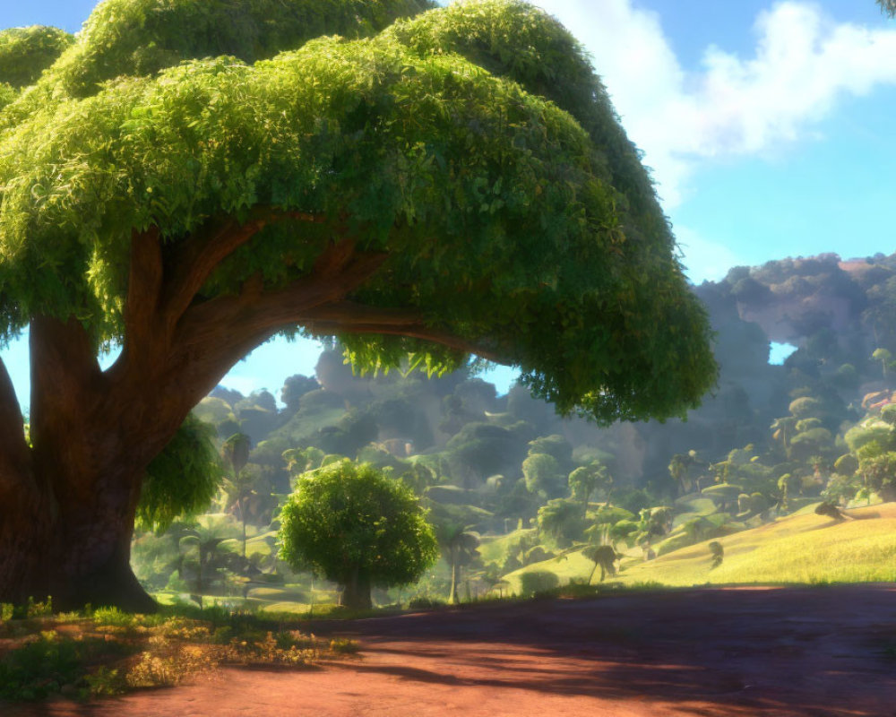 Lush tree in vibrant sunlit landscape with dirt path