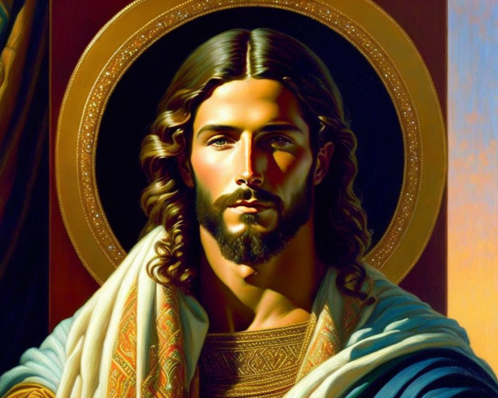 Man with Long Brown Hair and Beard in Traditional Robes with Halo - Serene Artistic Depiction