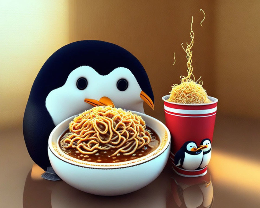Animated penguin with noodles and smaller penguin on cup