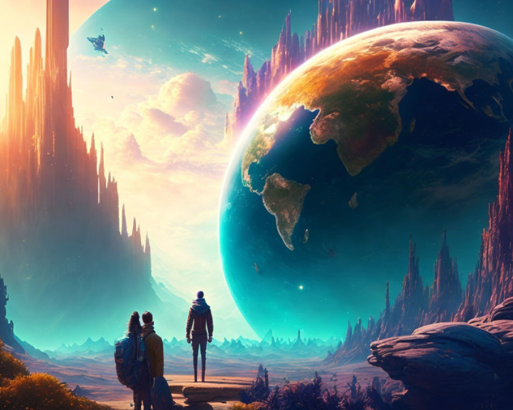 Explorers observe surreal landscape with towering spires and massive planet.