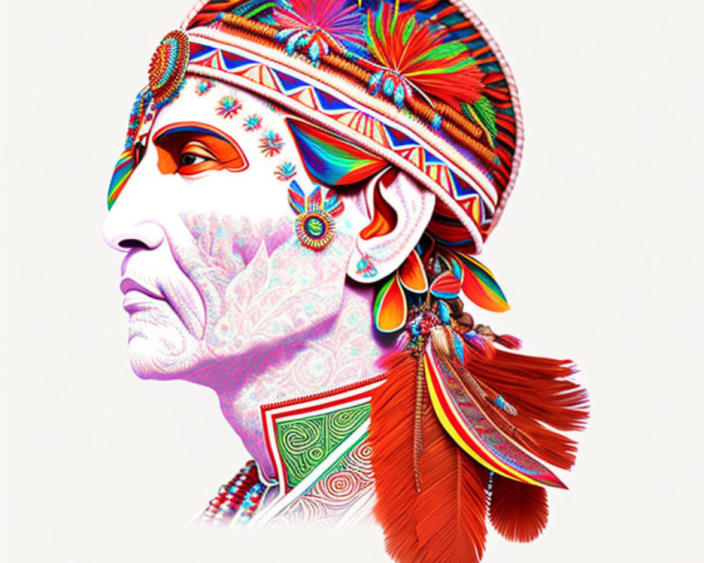 Vibrant profile portrait of Native American chief with feather headdress