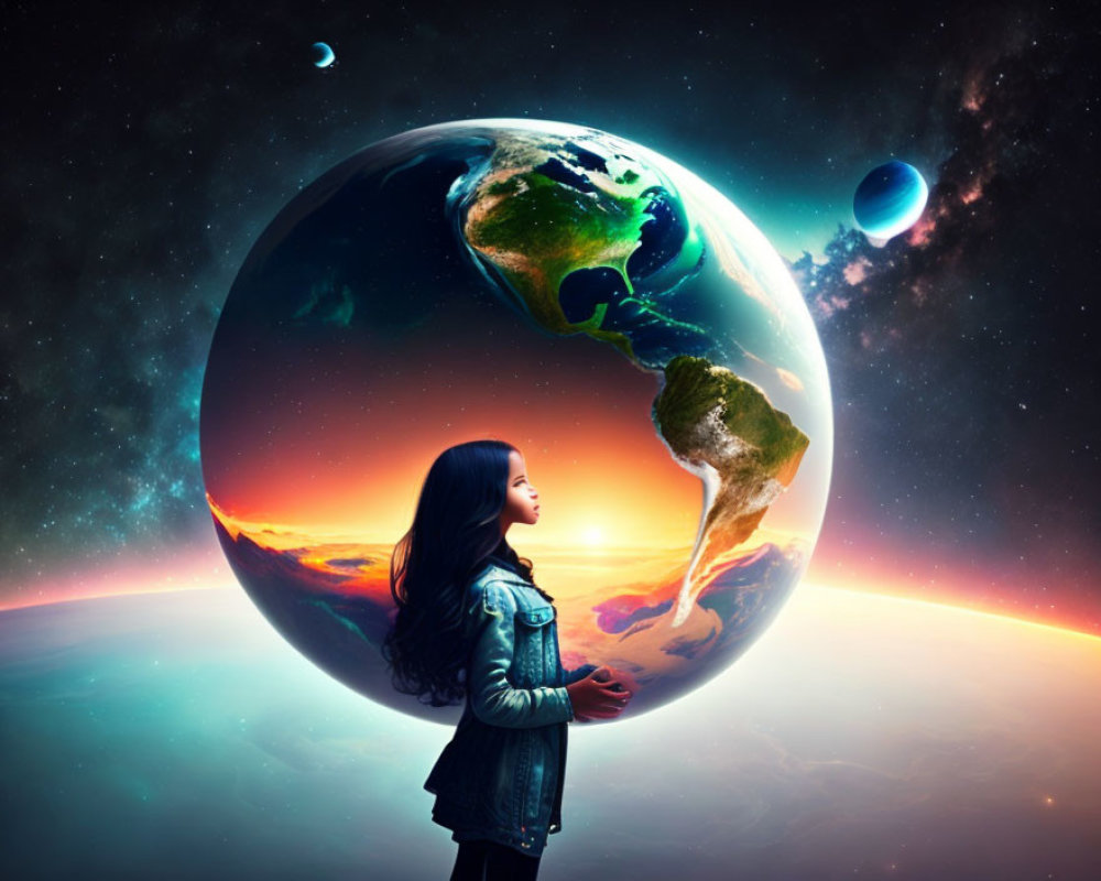 Girl admires surreal oversized Earth in cosmic space scene