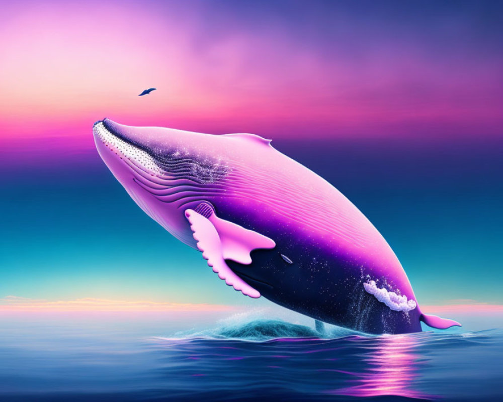 Whale breaching with galaxy pattern in vibrant sunset sky