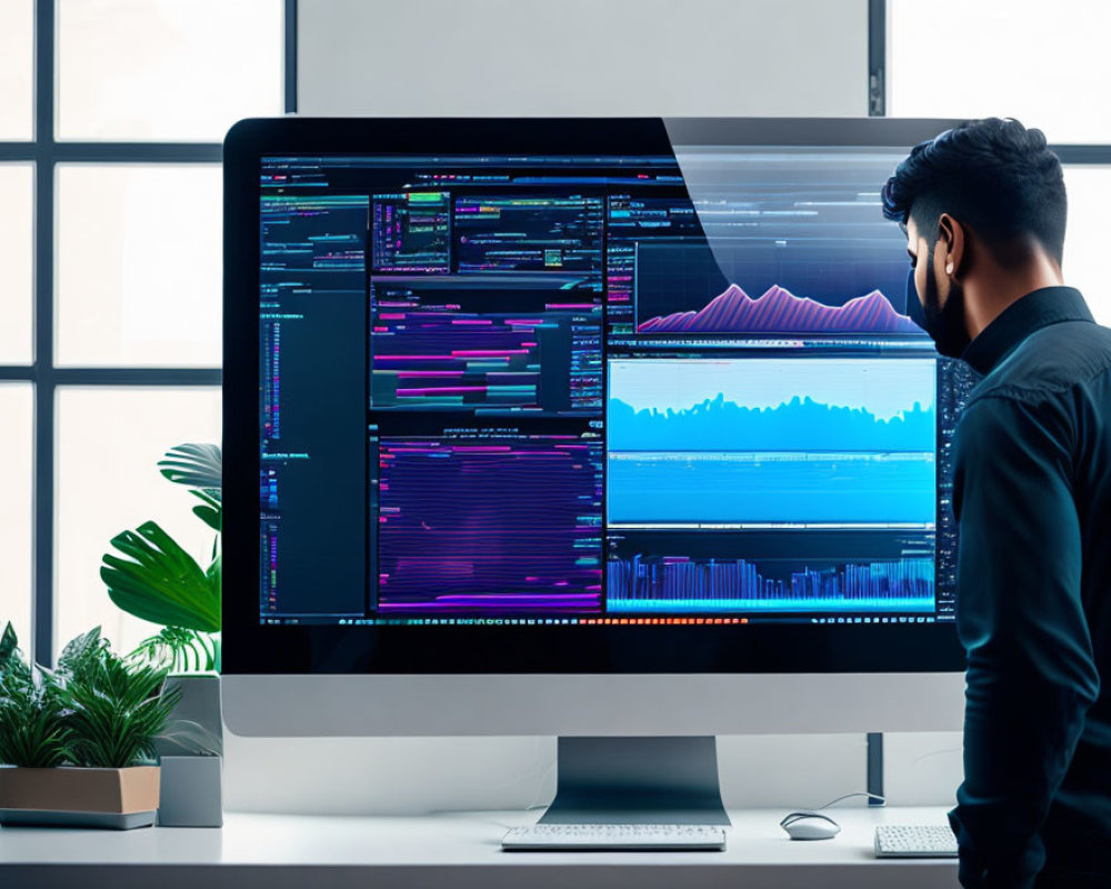 Person viewing colorful code and data graphs on large monitor in modern office