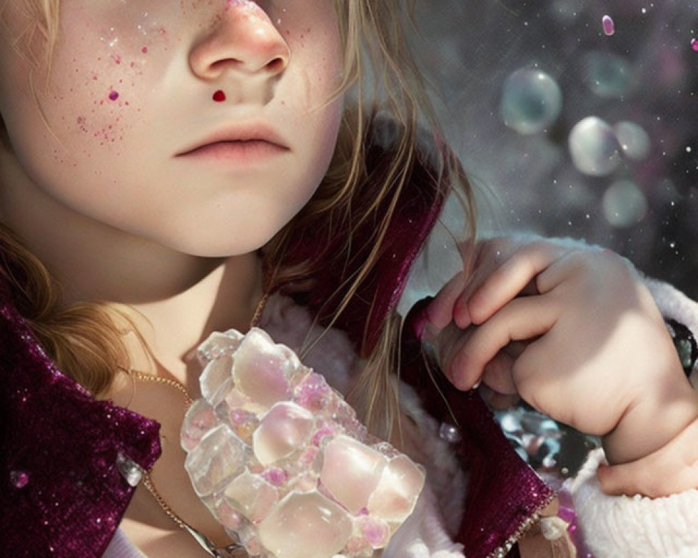 Blue-eyed girl in purple outfit holding crystalline object