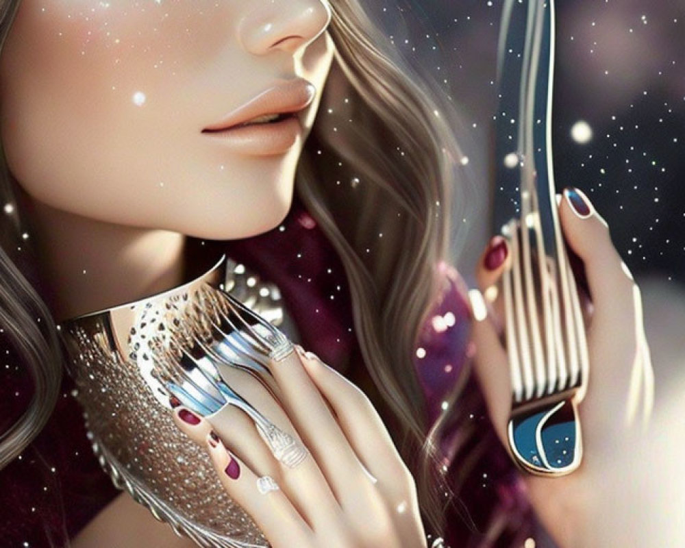 Illustrated woman with flowing hair holding a mirror surrounded by snowflakes.