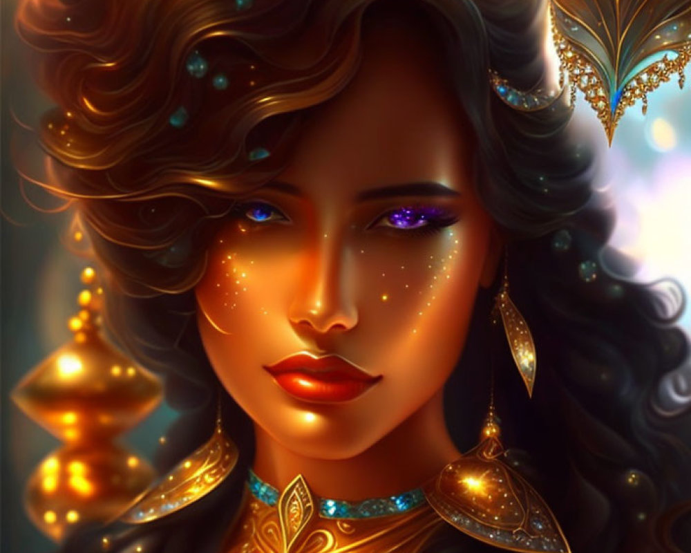 Digital painting of woman with sparkling starry makeup, luminous blue eyes, and adorned with gold and